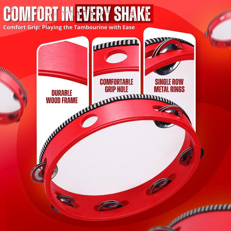 Flexzion Wooden Round Tambourine for Adults 10" Inch Single Row 8 Pair Jingles, Red Handheld Percussion Instrument for Beginner and Professional Tambourine Player - Image 5